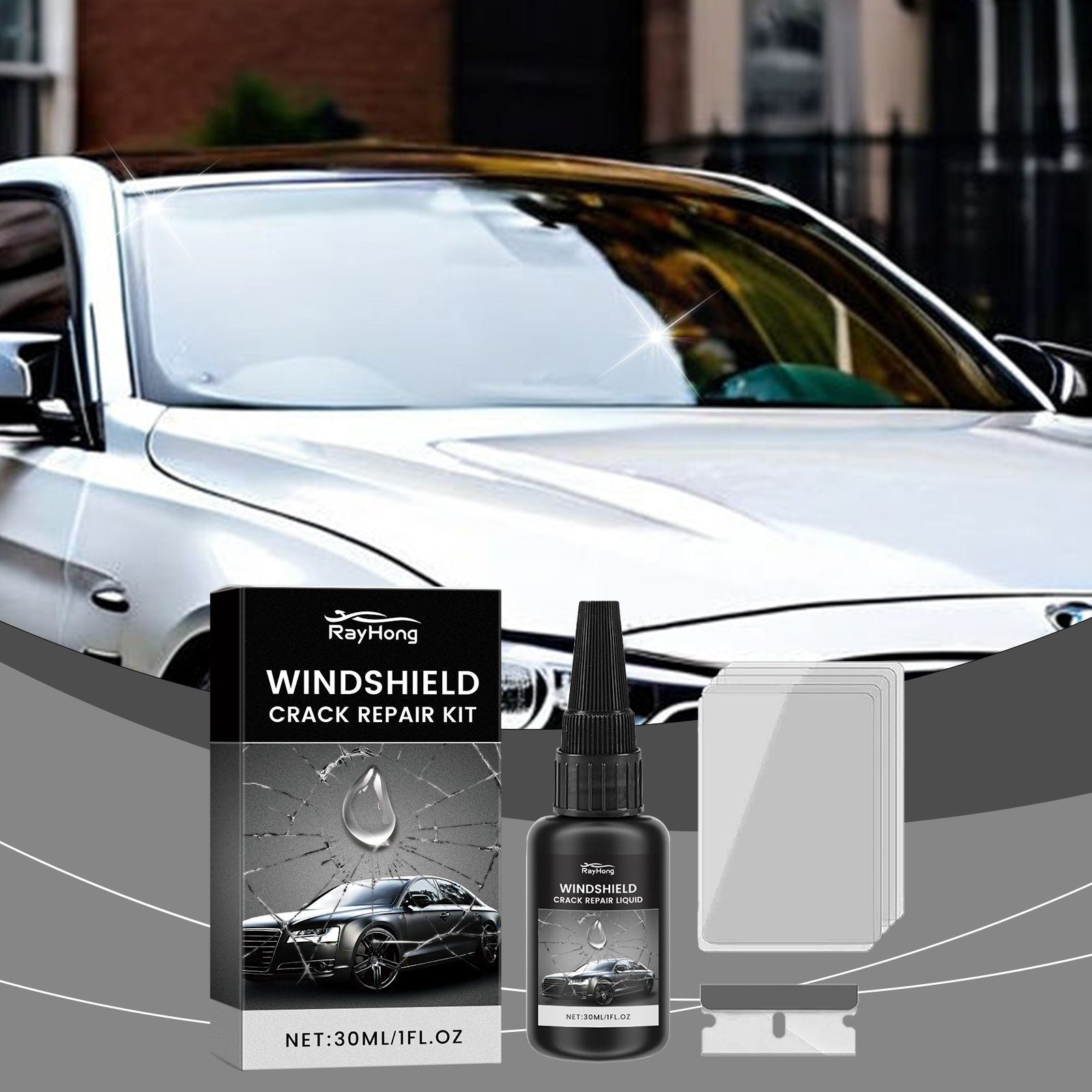 Liquid Uv Glue Kit - フロントガラス修理用接着剤 - フロントガラスのひび割れや傷を修復し、透明度を回復させる接着剤。DIYで車のガラスの欠けや星型のひび割れを修理できるキット。速乾性のUV樹脂液で、光学的な透明度を回復。自動車用の強力な窓ガラスのひび割れシーラー。