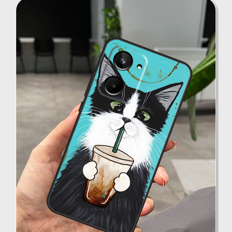 かわいい動物柄の猫のイラストが描かれた、Realme C65 - Realme C67 のレビューと価格
